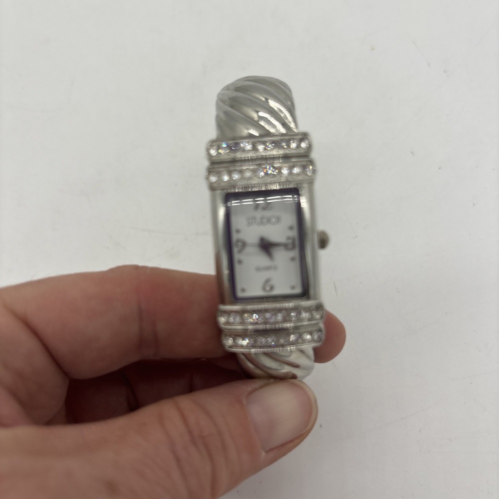 Unique Studio Time Silver Tone w/ Rhinestones Women's Quartz Cuff Wrist Watch - Picture 2 of 8